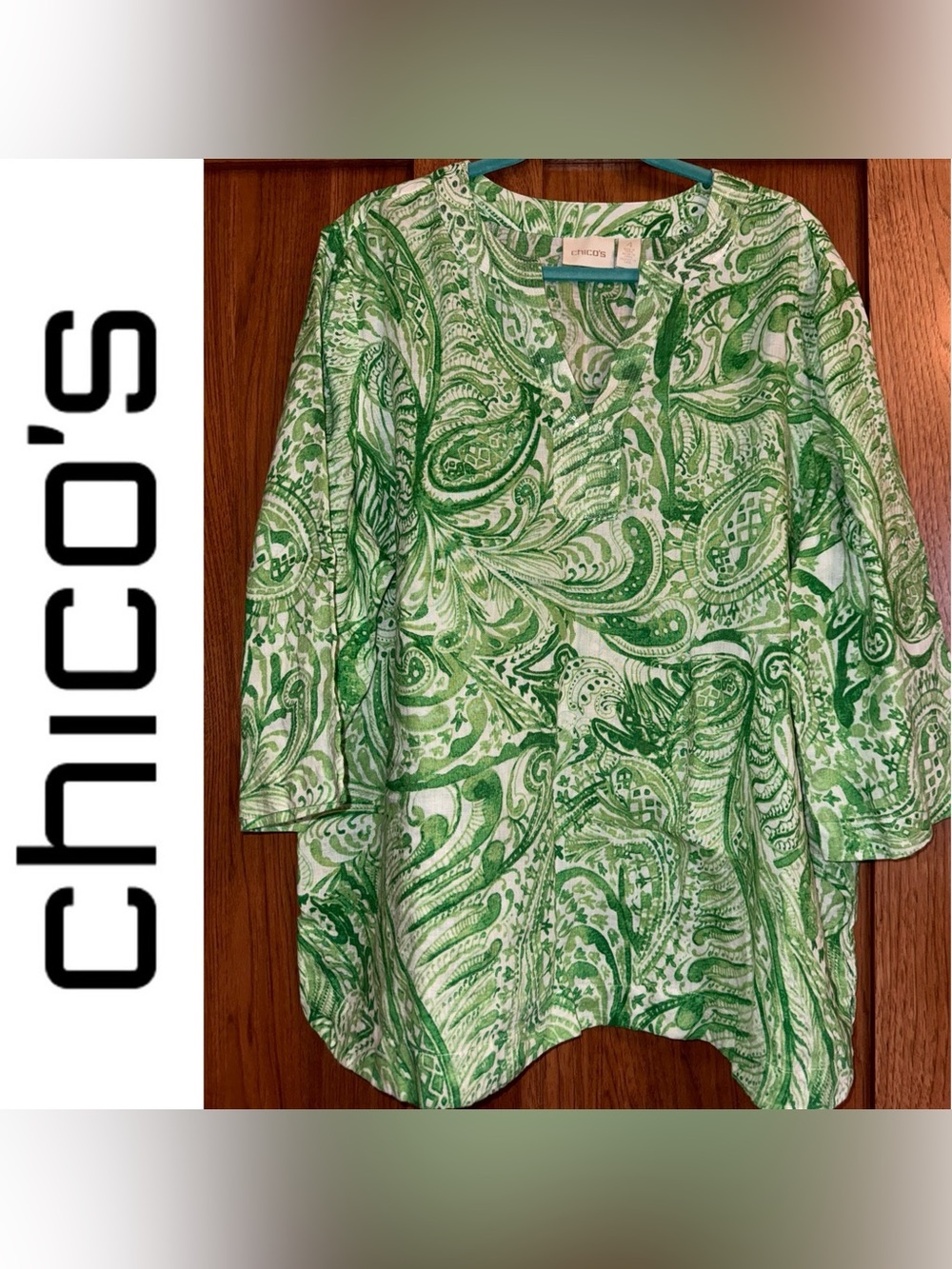 EUC Chico’s Size 4 Women's 100% Linen Green Paisley Print Sequin Embellished Top